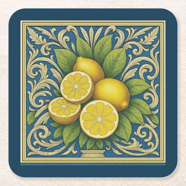Lemon Amalfi Blue Mediterranean Art Nouveau Square Paper Coaster (Front)