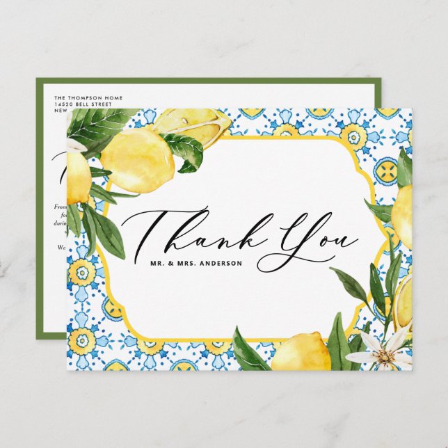 Lemon and Blossoms Mediterranean Wedding Thank You Postcard (Front/Back)