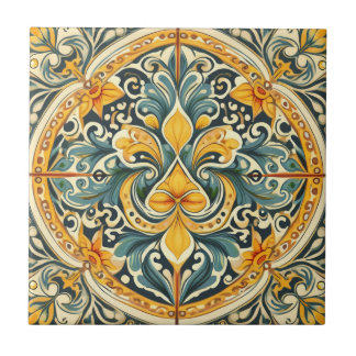 Lemon and Blue Azulejo Lisbon Patterned Talavera   Tile