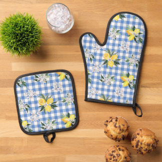 Lemon and Blue Gingham Kitchen Essentials Oven Mitt & Pot Holder Set