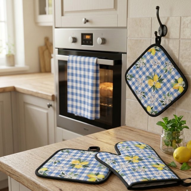Lemon and Blue Gingham Kitchen Essentials Oven Mitt & Pot Holder Set (Creator Uploaded)