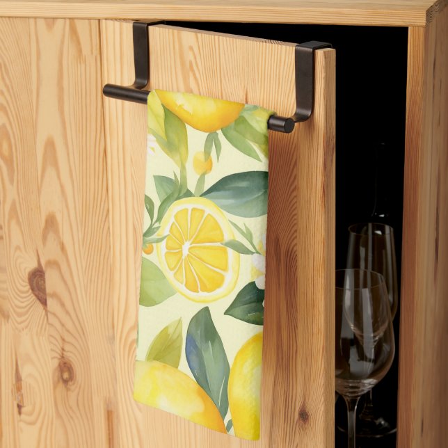 Lemon and Daisy Watercolor Pattern Kitchen Towel (Thirds Fold)