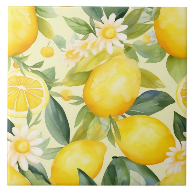 Lemon and Daisy Watercolor Pattern Tile (Front)