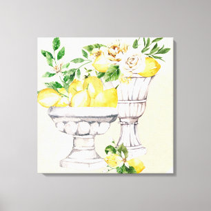 Lemon and flowers in watercolor Mediterranean set Canvas Print