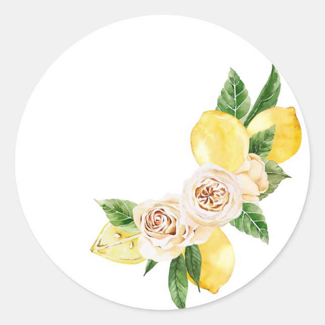 Lemon and flowers set in watercolor classic round sticker (Front)