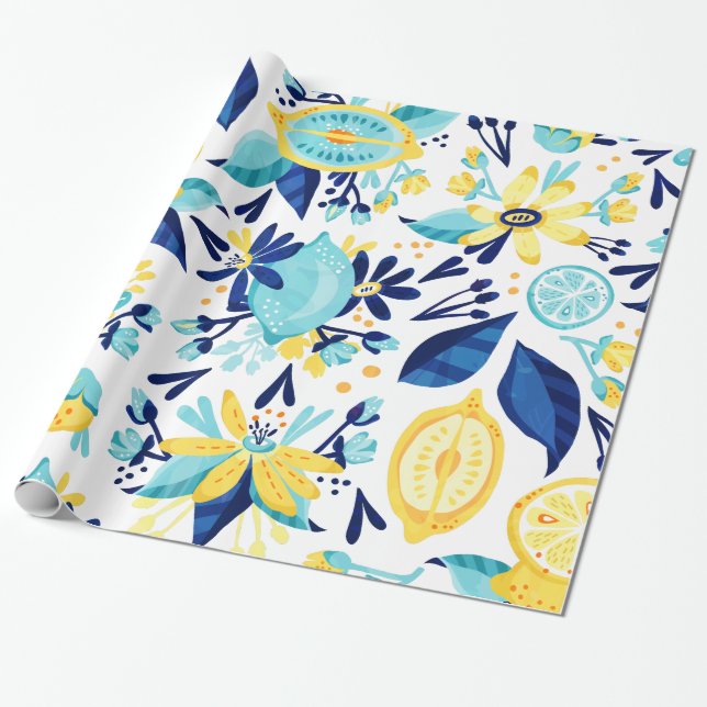 Lemon And Flowers Wrapping Paper (Unrolled)