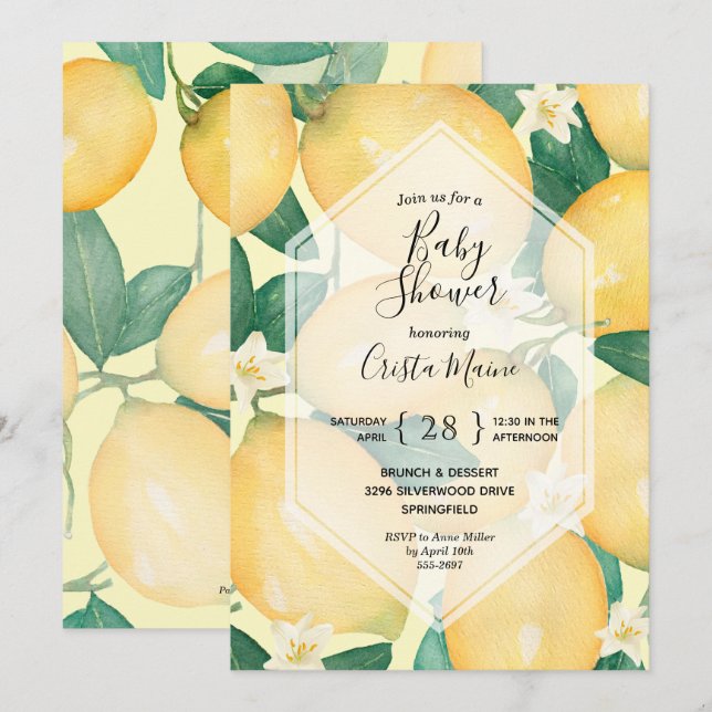 Lemon and Greenery Baby Shower Invitations (Front/Back)