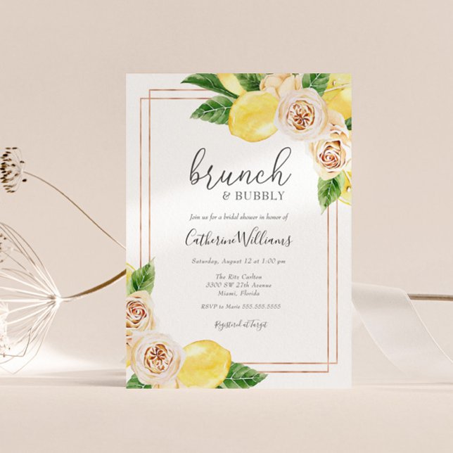 Lemon and Greenery Brunch and Bubbly Bridal Shower Invitation (Creator Uploaded)