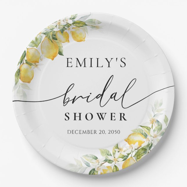 Lemon and Greenery Citrus Wedding Paper Plate (Front)