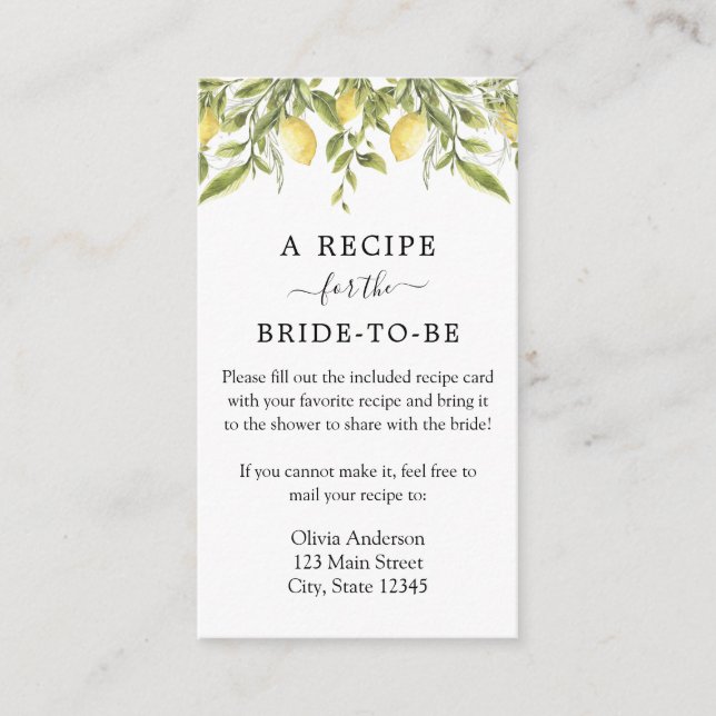 Lemon and Greenery Recipe Request Enclosure Card (Front)