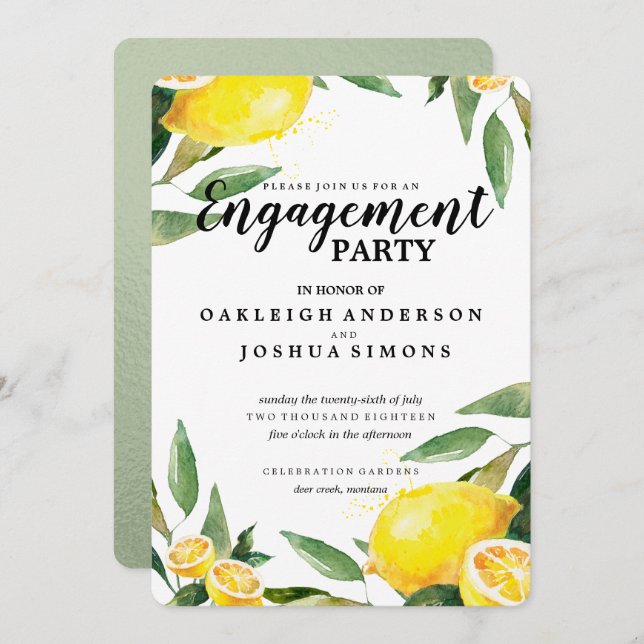 Lemon and Leaves Engagement Party Invitation (Front/Back)