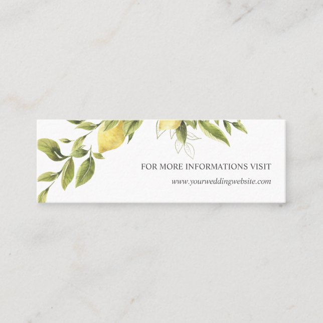 Lemon and leaves Green Wedding Website Mini Business Card (Front)
