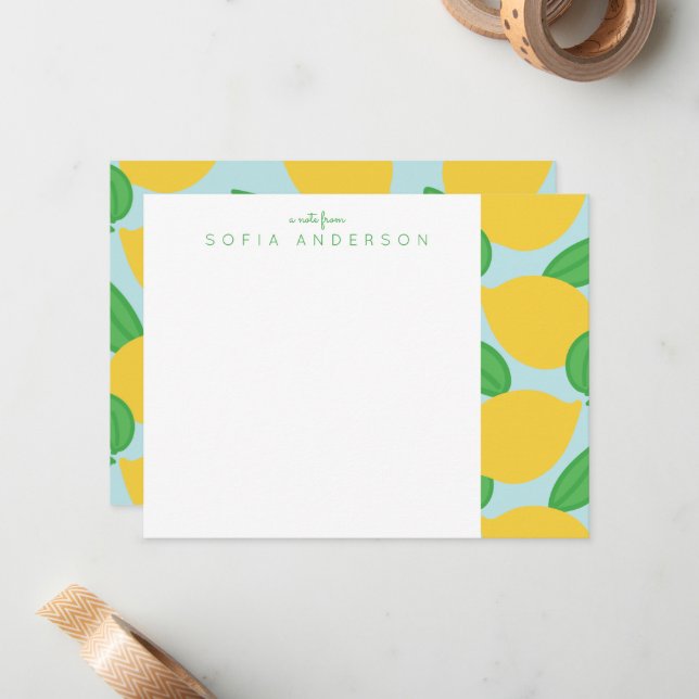 Lemon and Leaves Pattern Personalized Note Card (Front/Back In Situ)