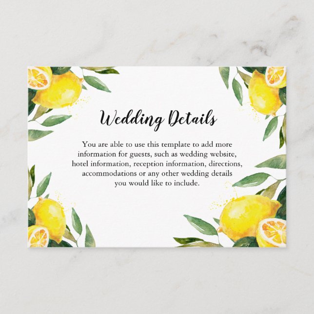 Lemon and Leaves Wedding Details Info Enclosure (Front)