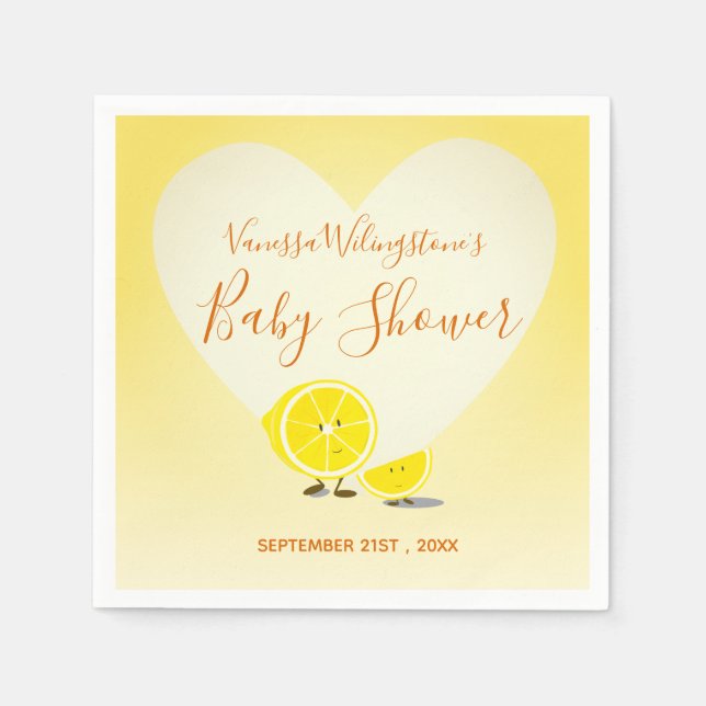 Lemon and Lemon Slice Baby Shower Heart Yellow Napkin (Front)