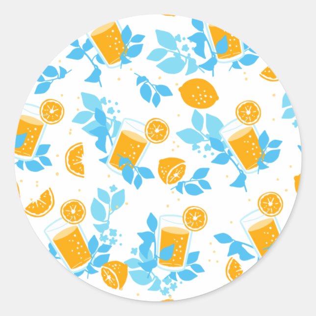 Lemon and Lemonade Blue Floral Pattern Classic Round Sticker (Front)
