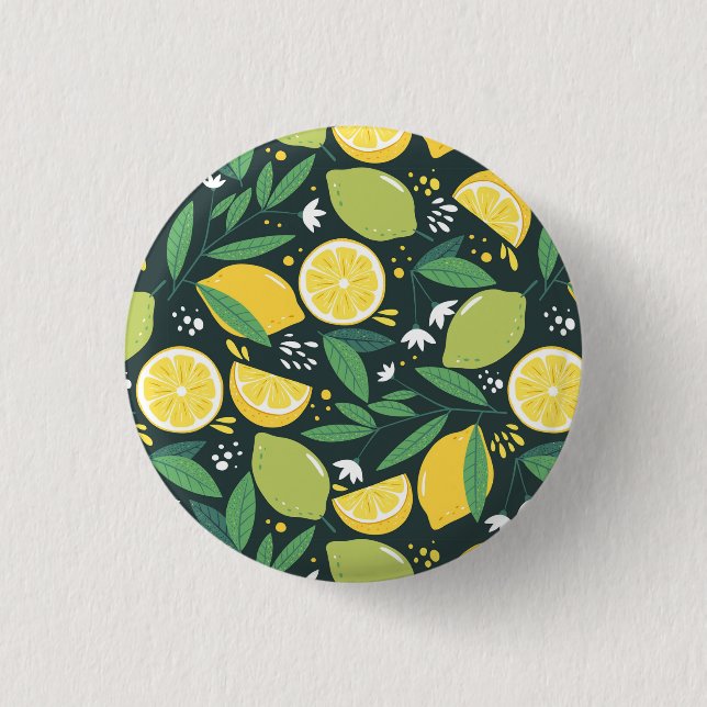 Lemon and Limes Fruit Pattern in Green and Yellow 1 Inch Round Button (Front)