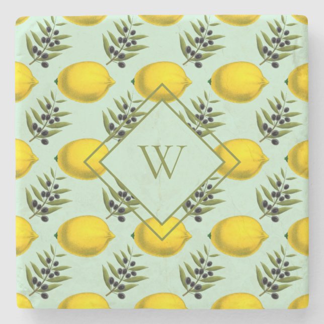 Lemon and olive pattern yellow and blue monogram stone coaster (Front)