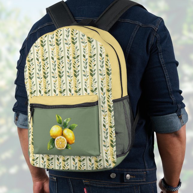 Lemon and Olive Vintage Medterranean Stripes Printed Backpack (Creator Uploaded)