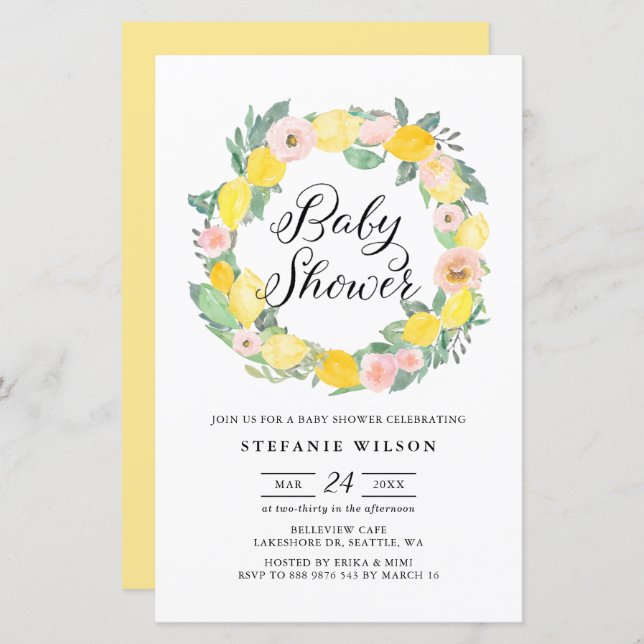 Lemon and Pink Rose Wreath Baby Shower Invite (Front/Back)