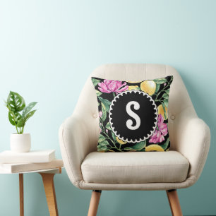 Lemon and Tulips Floral Pattern Citrus Monogram Throw Pillow