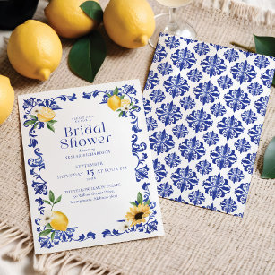 Lemon & Antique Blue Pottery Pattern Bridal Shower Invitation