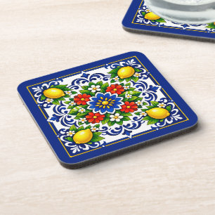 🍋 Lemon Azul Bloom — Mediterranean Azulejo Coaster