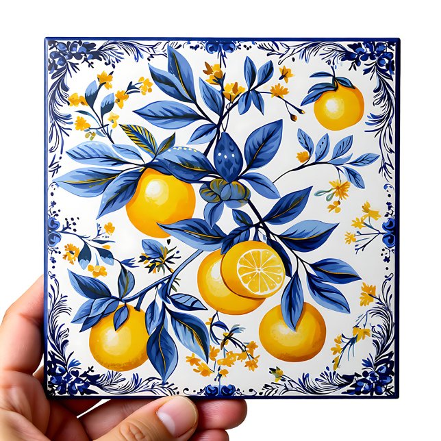 🍋 Lemon Azulejo with blue elements Tile (🍋 Lemon Azulejo with blue elements Ceramic Tile)