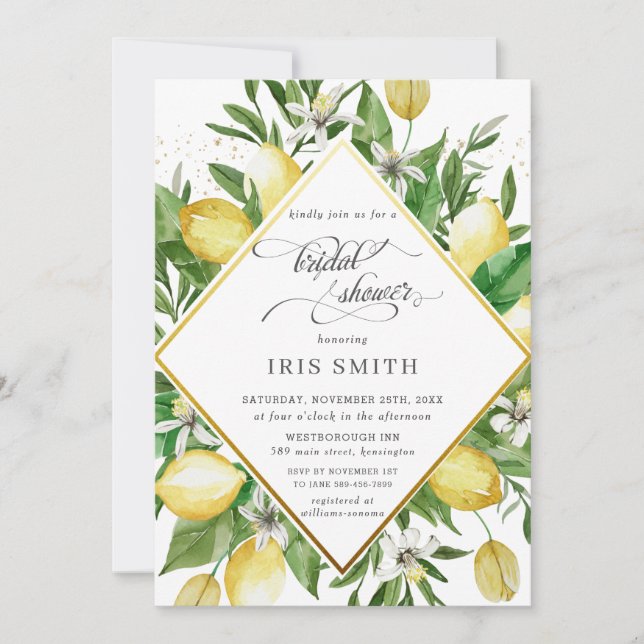 Lemon Azure Mediterranean Greenery Bridal Shower Invitation (Front)