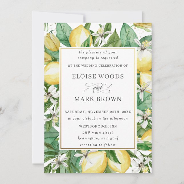 Lemon Azure Mediterranean Summer Greenery Wedding Invitation (Front)