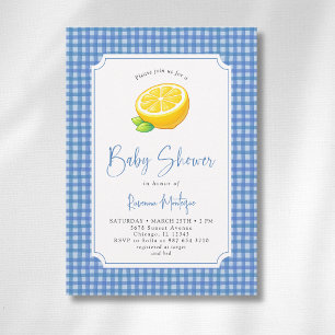 Lemon Baby Blue Chequered Plaid Baby Shower Invitation