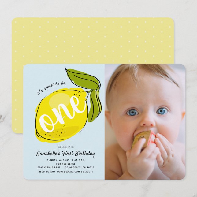 Lemon Baby Blue Photo 1st Birthday Invitation (Front/Back)