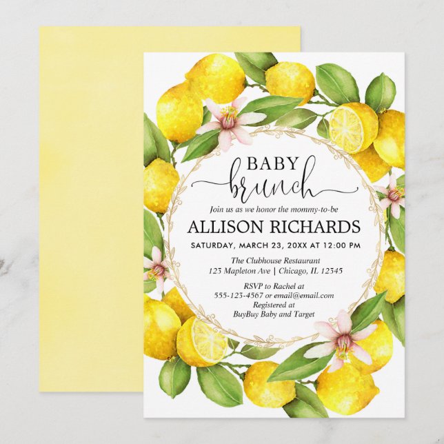 Lemon baby brunch shower, lemons gender neutral invitation (Front/Back)