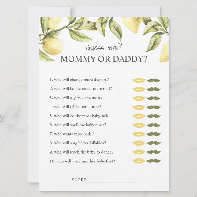 Lemon baby shower games mommy or daddy guess who invitation (Front)