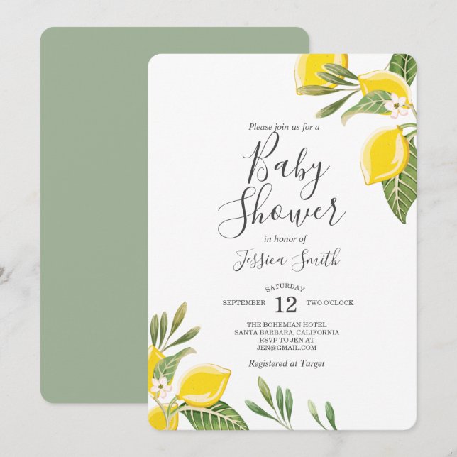Lemon Baby Shower Invitation Boho Citrus Rustic (Front/Back)
