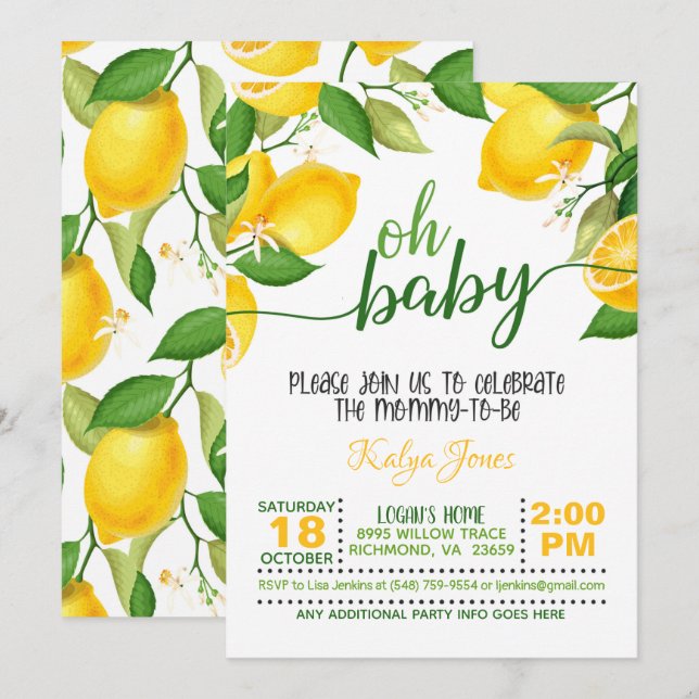Lemon Baby Shower Invitation - Oh Baby (Front/Back)