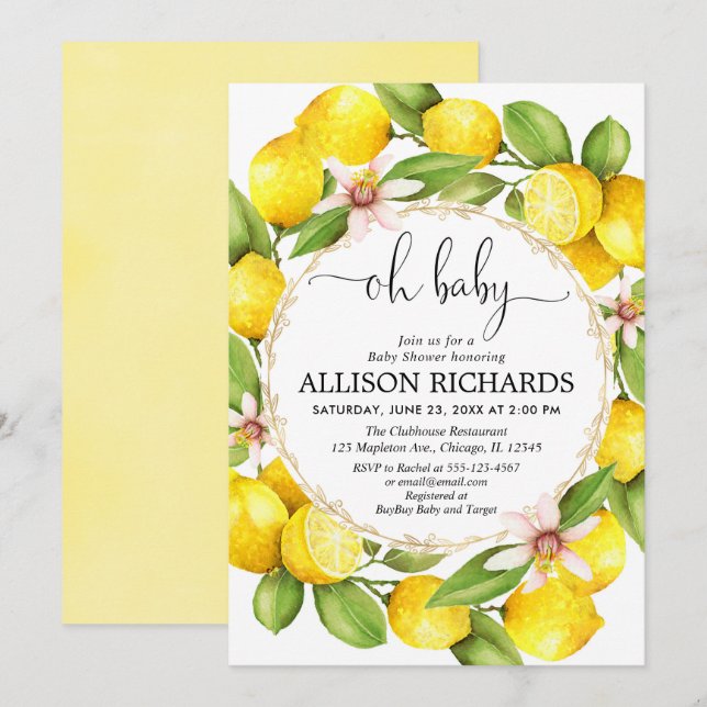 Lemon baby shower, lemons greenery watercolor invitation (Front/Back)