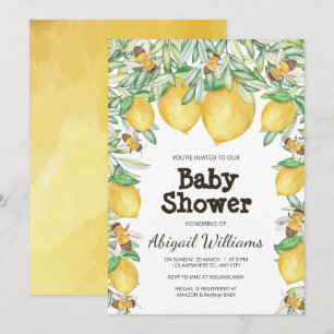 Lemon & Bee Watercolor Greenery Baby Shower Invitation