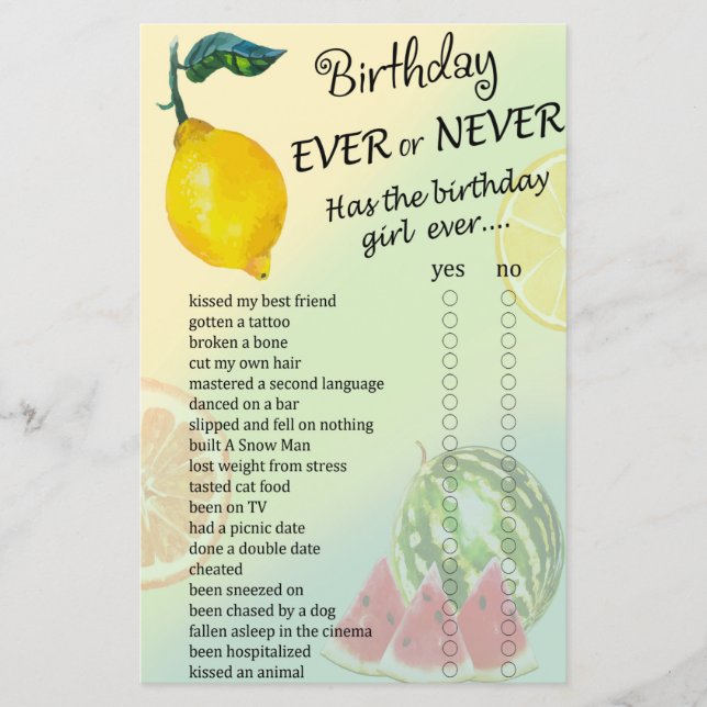 Lemon Birthday ever or never game (Front)