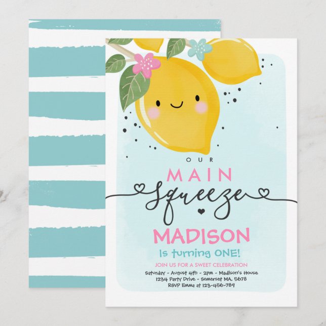 Lemon Birthday Invitation Our Main Squeeze Party (Front/Back)
