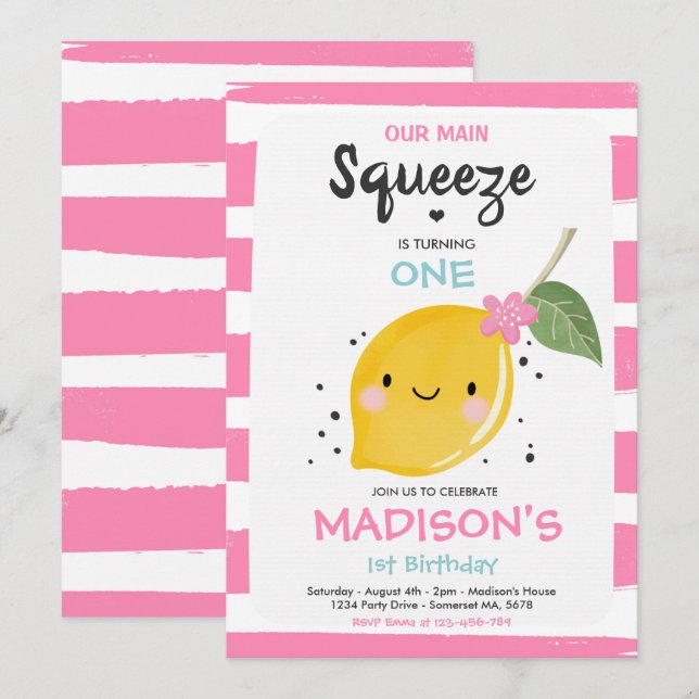 Lemon Birthday Invitation Our Main Squeeze Party (Front/Back)