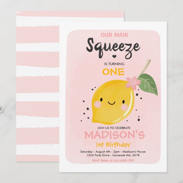 Lemon Birthday Invitation Our Main Squeeze Party (Front/Back)