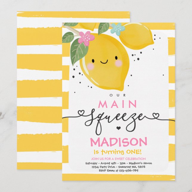 Lemon Birthday Invitation Our Main Squeeze Party (Front/Back)