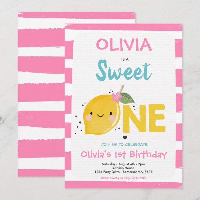 Lemon Birthday Invitation Sweet One 1st Birthday (Front/Back)