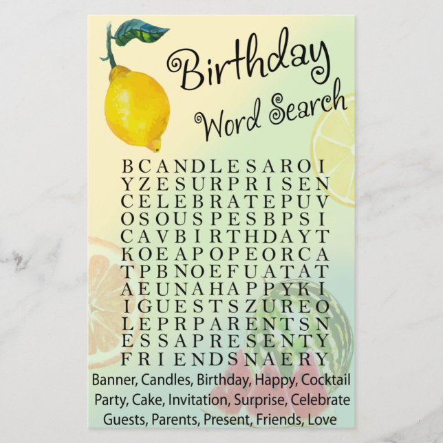 Lemon Birthday word search game (Front)