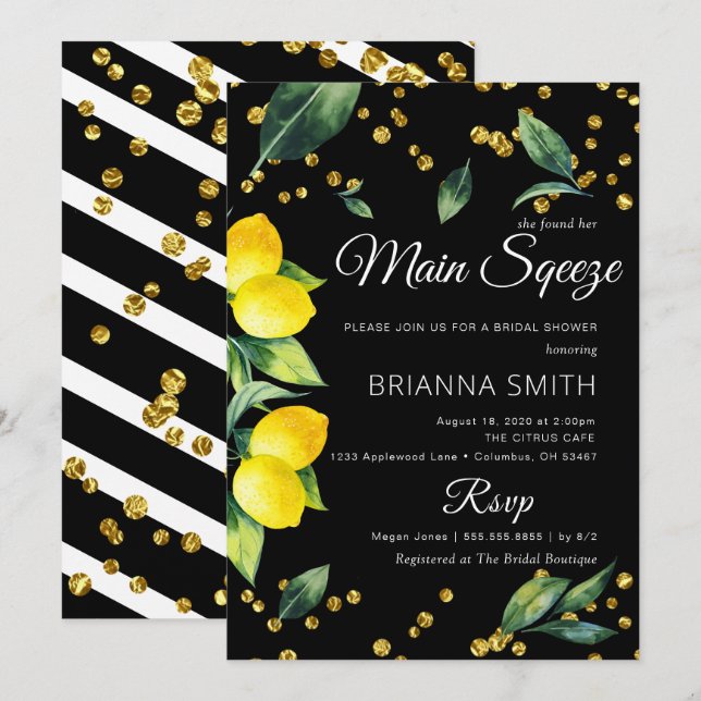 Lemon Black Theme Elegant Bridal Shower Invitation (Front/Back)