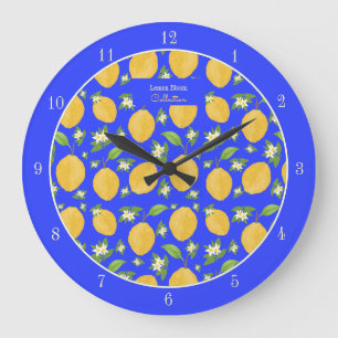 Lemon Bloom Collection patterned blue Large Clock