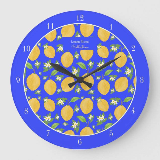 Lemon Bloom Collection patterned blue Large Clock (Front)