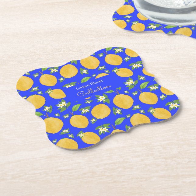 Lemon Bloom Collection patterned blue Paper Coaster (Angled)