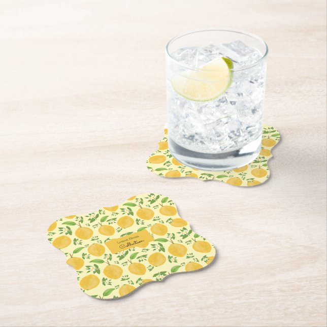 Lemon Bloom Collection patterned yellow Paper Coaster (Insitu)